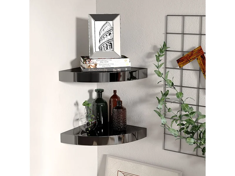 Étagères d'angle flottantes 2 pcs Noir brillant 25x25x3,8 MDF
