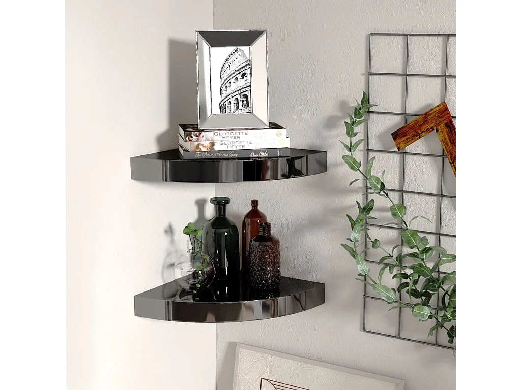Étagères d'angle flottantes 2 pcs Noir brillant 25x25x3,8 MDF