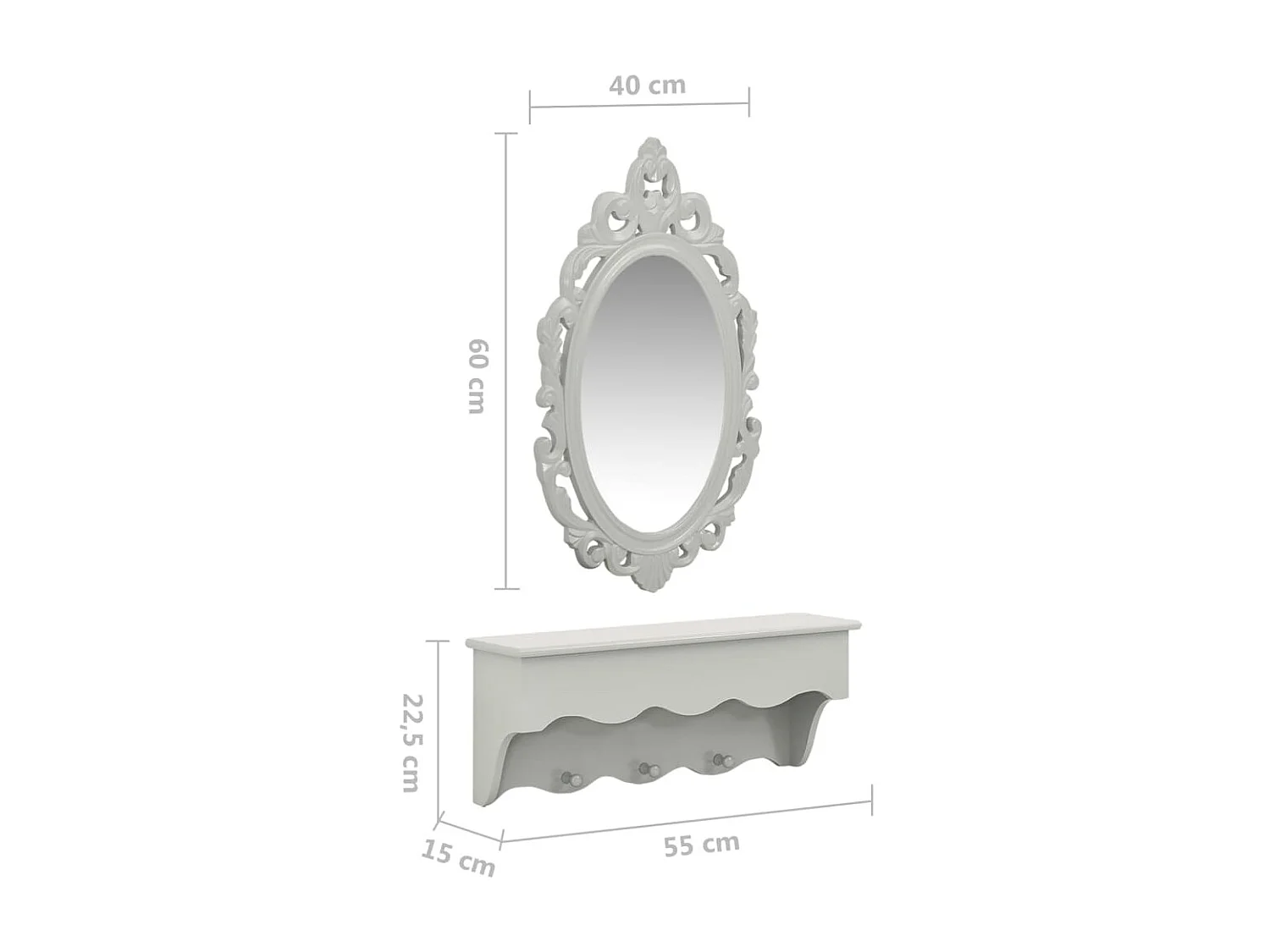 Étagère murale pour clés et bijoux avec miroir et crochets Gris