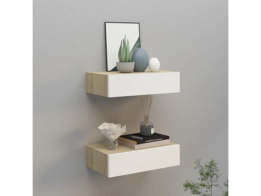 Étagères à tiroir murales 2 pcs Chêne et blanc 40x23,5x10 MDF