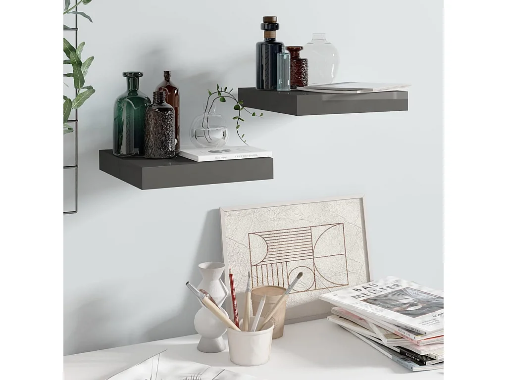 Étagère murale flottante 2 pcs Gris brillant 23x23,5x3,8 MDF