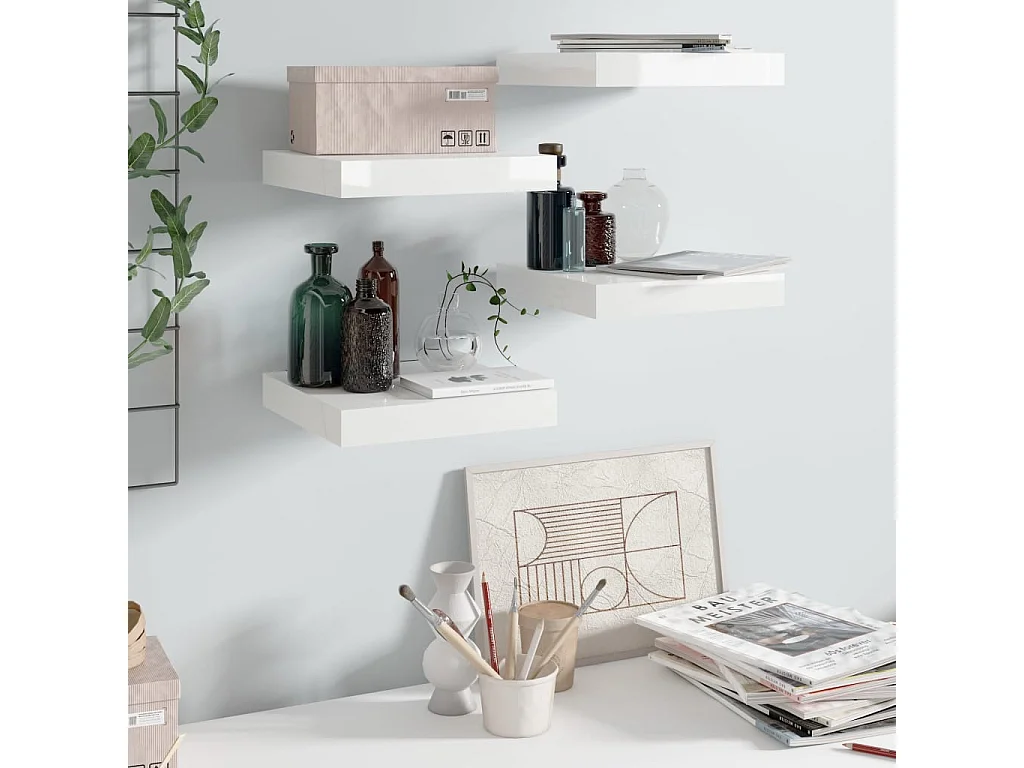 Étagère murale flottante 4 pcs Blanc brillant 23x23,5x3,8 MDF