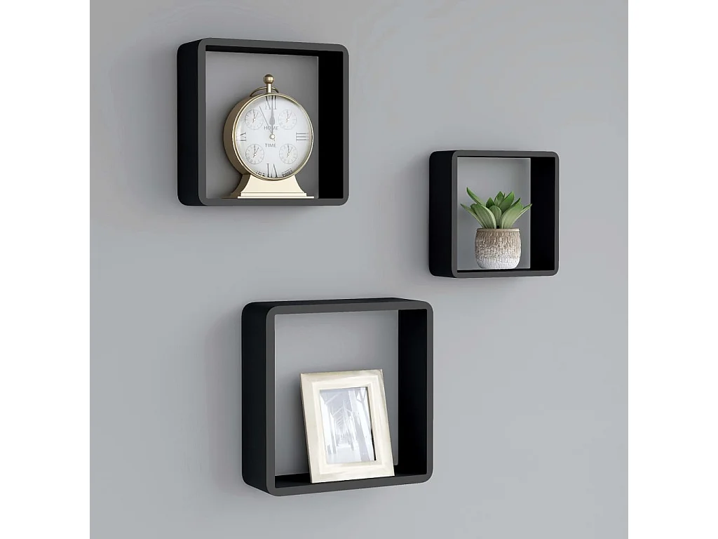 Étagères murales sous forme de cube 3 pcs Noir MDF 2