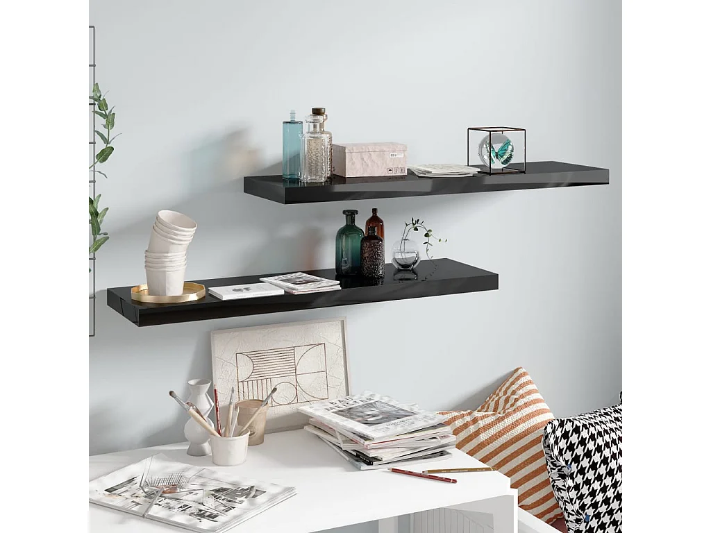 Étagère murale flottante 2 pcs Noir brillant 90x23,5x3,8 MDF