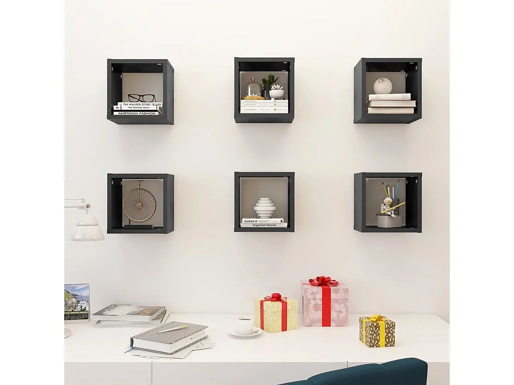 Étagères cube murales 6 pcs Gris brillant 22x15x22