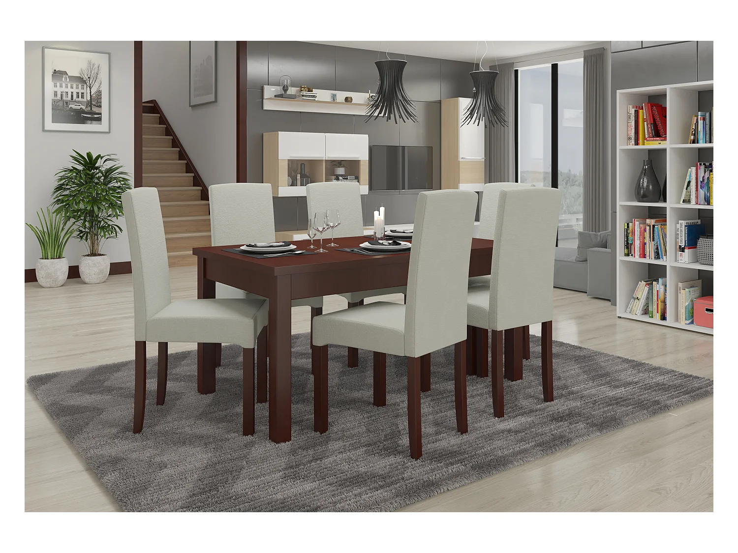 Ensemble table extensible 140-180cm et 6 chaises en bois Noyer foncé et tissu beige clair Zakria