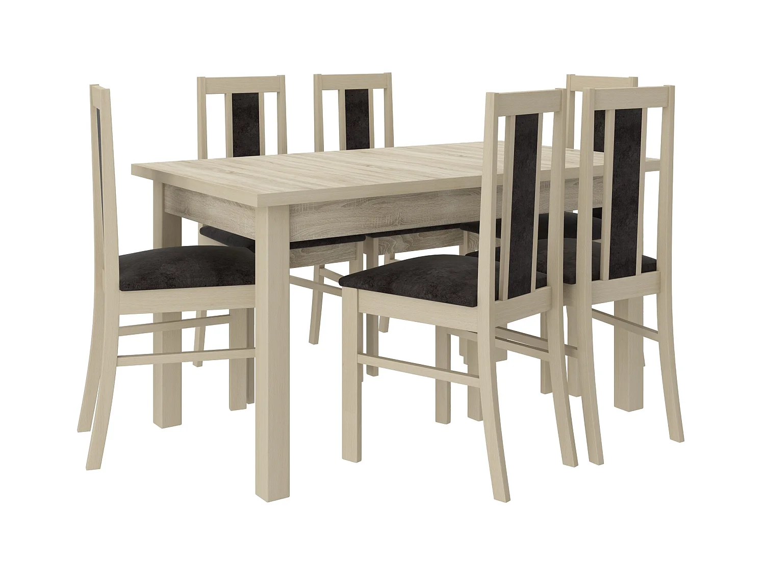 Uitschuifbare tafelset 140/180 cm en 6 stoelen in licht Sonoma hout en zwarte Louiza stof