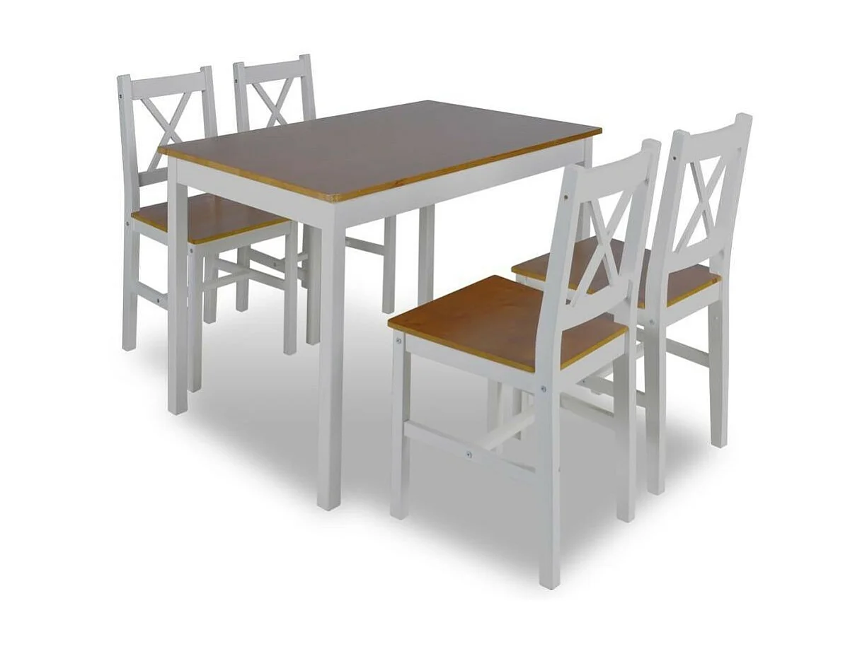 Table de séjour et 4 chaises pin massif laqué blanc et marron Dina