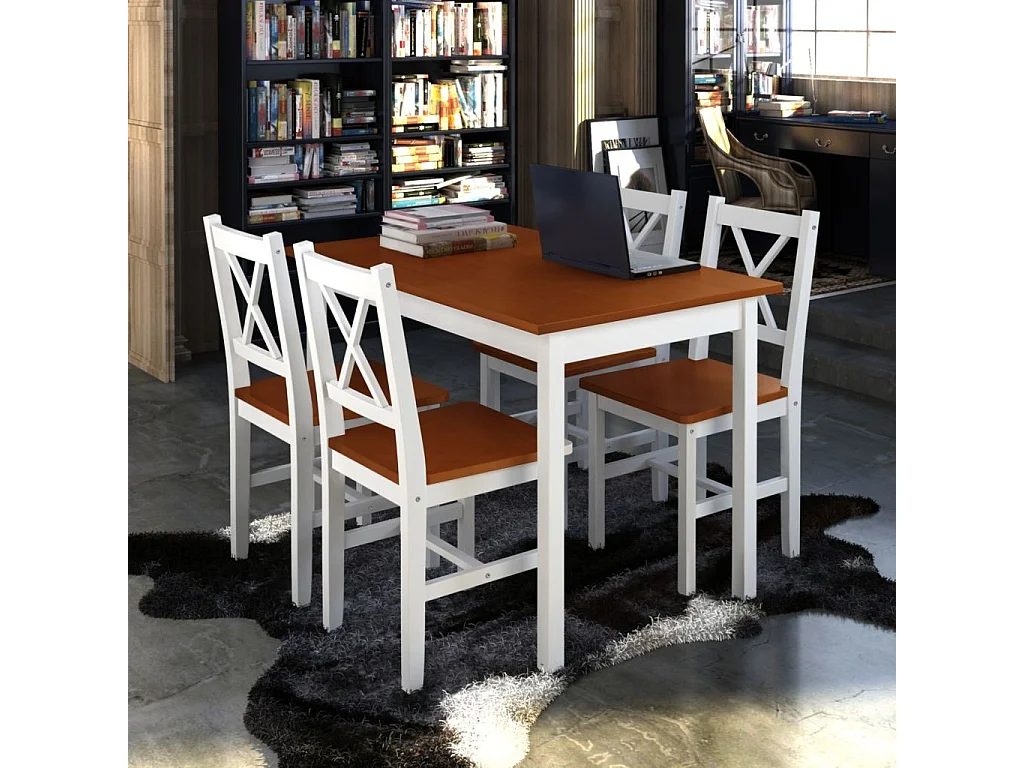 Table de séjour et 4 chaises pin massif laqué blanc et marron Dina