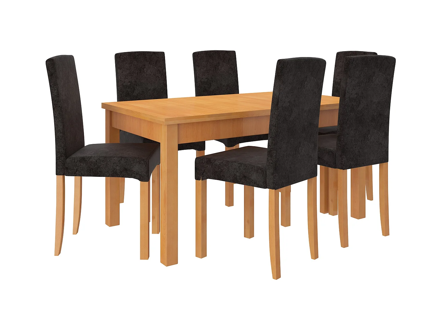 Uitschuifbare tafelset 140/180 cm en 6 stoelen in licht beukenhout en zwarte Zakria-stof