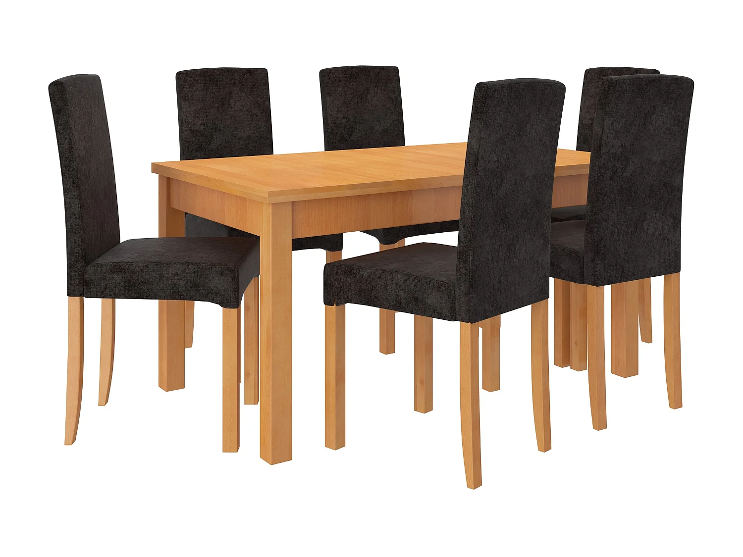 Ensemble table extensible 140-180cm et 6 chaises en bois clair de hêtre et tissu noir Zakria