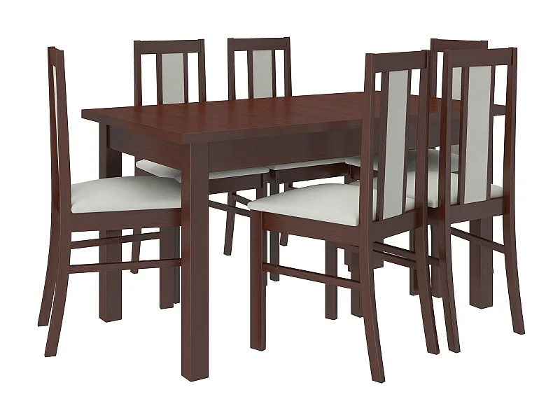 Ensemble table extensible 140-180cm et 6 chaises en bois Noyer foncé et tissu beige clair Louiza