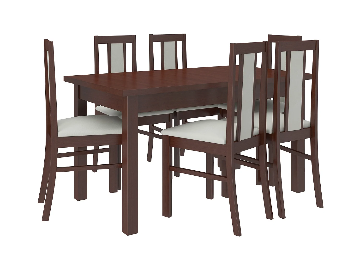 Uitschuifbare tafelset 140/180 cm en 6 stoelen in donker notenhout en lichtbeige stof Louiza