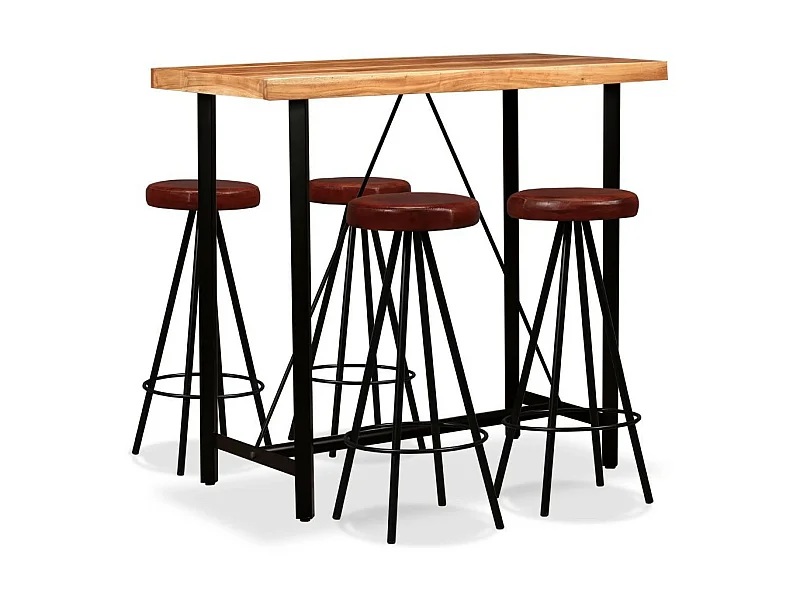Table de bar bois de Sesham massif et 4 tabourets cuir marron Spani