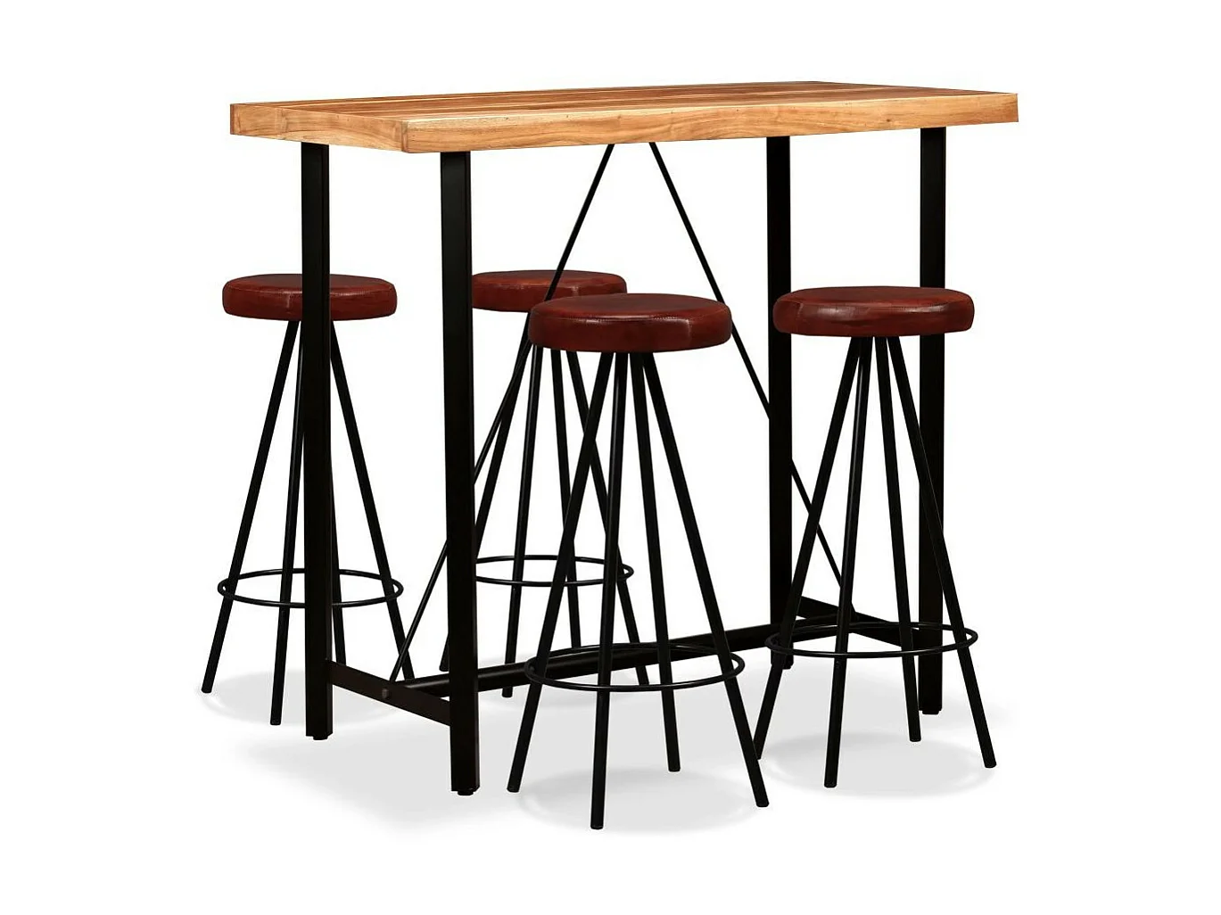 Table de bar bois de Sesham massif et 4 tabourets cuir marron Spani
