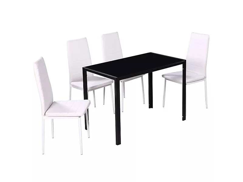 Table laqué noir et 4 chaises simili blanc Kuira