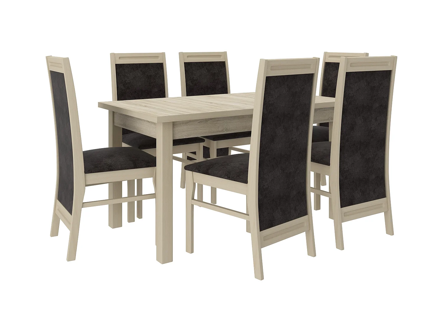 Ensemble table extensible 140-180cm et 6 chaises en bois clair sonoma et tissu gris foncé Komba