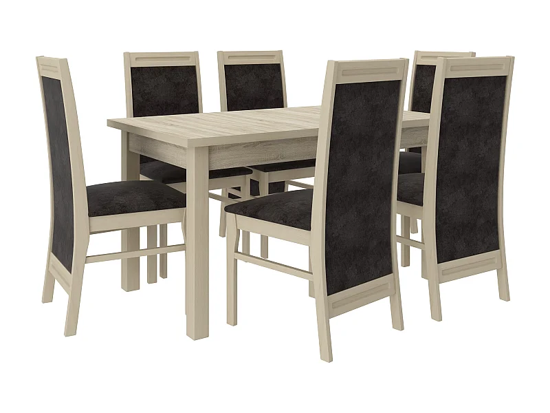 Ensemble table extensible 140-180cm et 6 chaises en bois clair sonoma et tissu gris foncé Komba