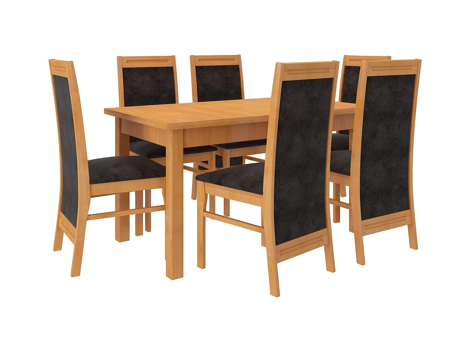 Ensemble table extensible 140-180cm et 6 chaises en bois clair de hêtre et tissu noir Komba