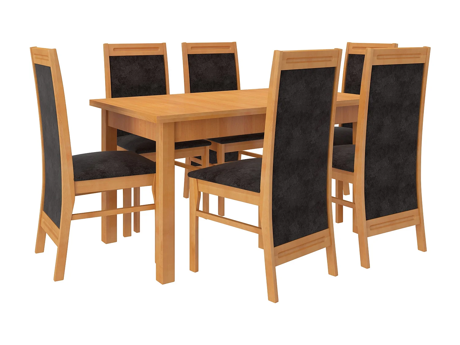 Ensemble table extensible 140-180cm et 6 chaises en bois clair de hêtre et tissu noir Komba