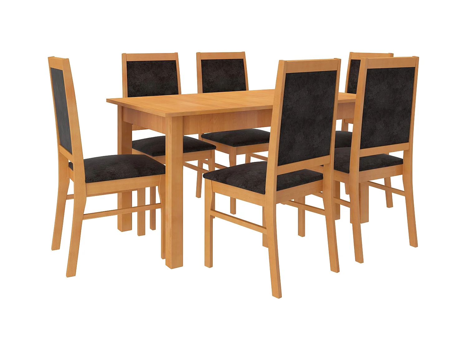 Ensemble table extensible 140-180cm et 6 chaises en bois clair de hêtre et tissu noir Klarika