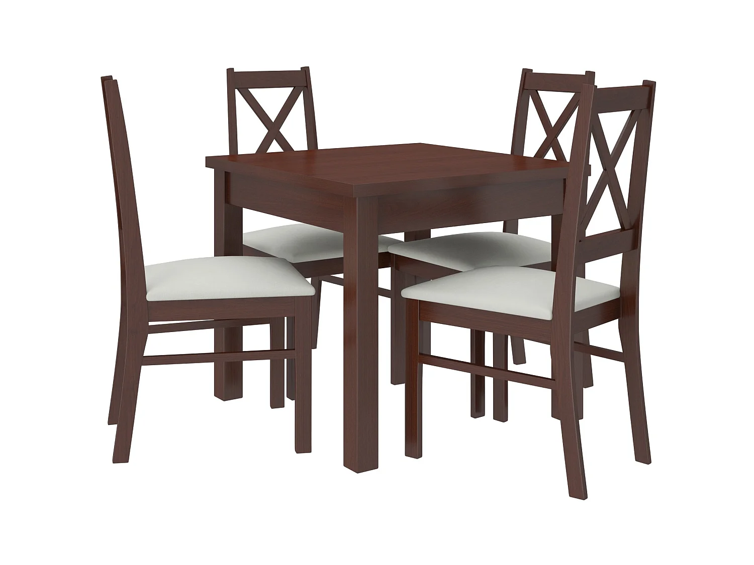 Ensemble table carrée 80-80cm et 4 chaises en bois Noyer foncé et tissu beige clair Opka