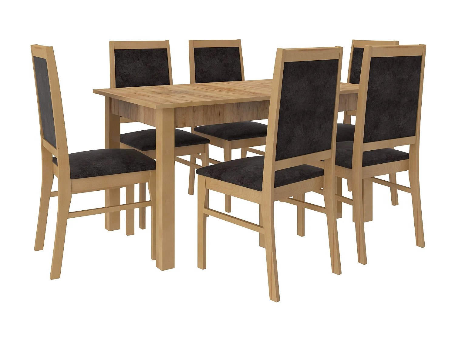 Ensemble table extensible 140-180cm et 6 chaises en bois naturel et tissu noir Klarika