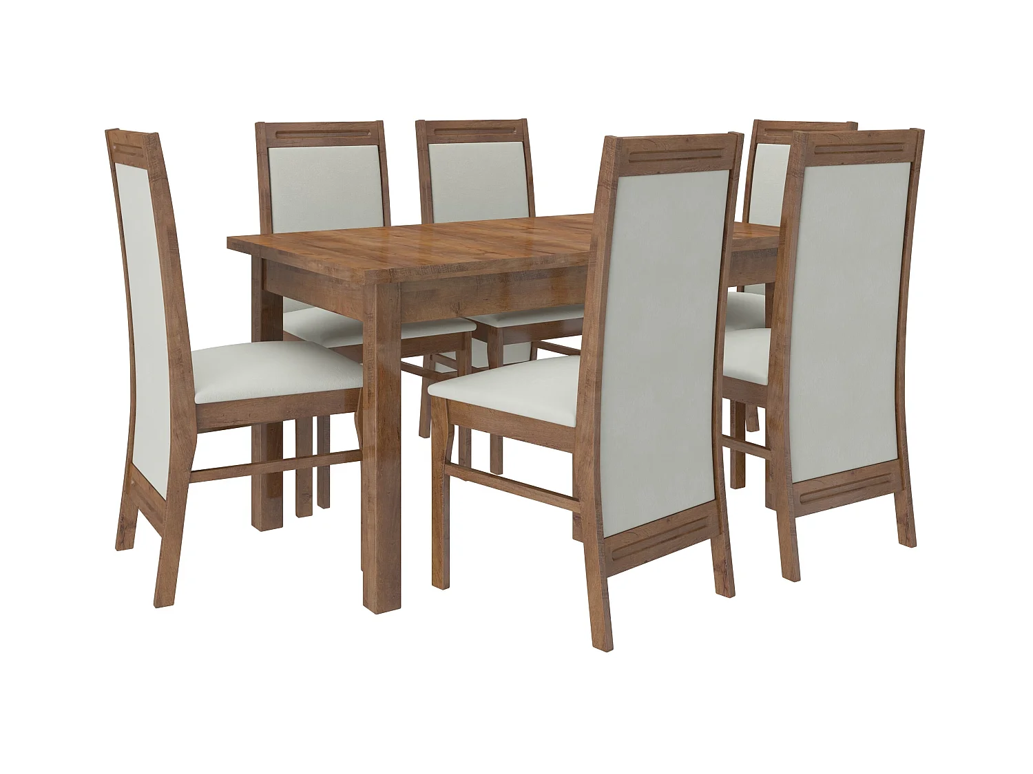 Ensemble table extensible 140-180cm et 6 chaises en bois marron et tissu beige clair Komba