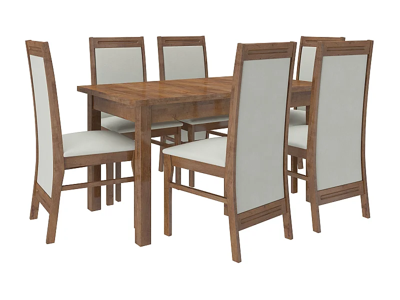 Uitschuifbare tafelset 140/180 cm en 6 stoelen in bruin hout en lichtbeige stof Komba