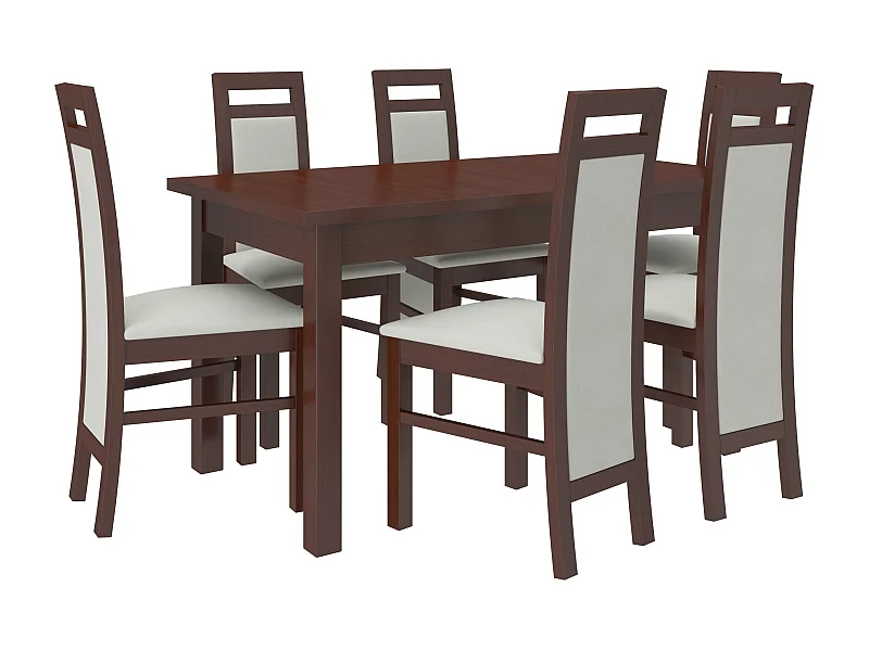 Ensemble table extensible 140-180cm et 6 chaises en bois Noyer foncé et tissu beige clair Mouka