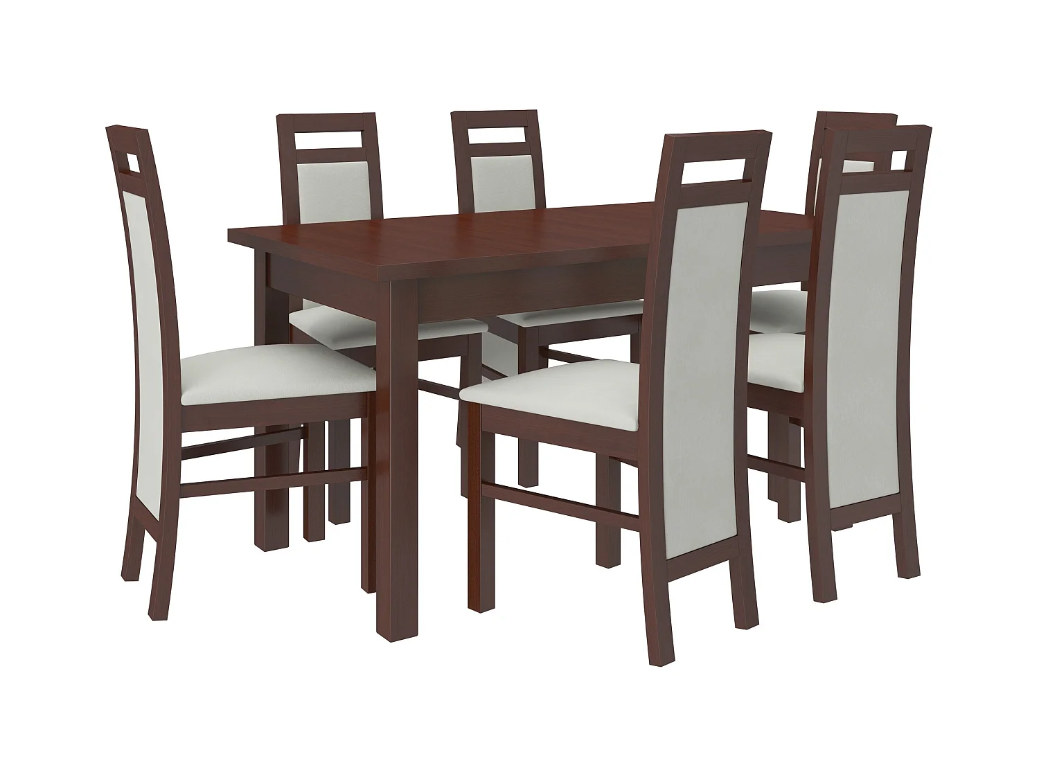 Ensemble table extensible 140-180cm et 6 chaises en bois Noyer foncé et tissu beige clair Mouka