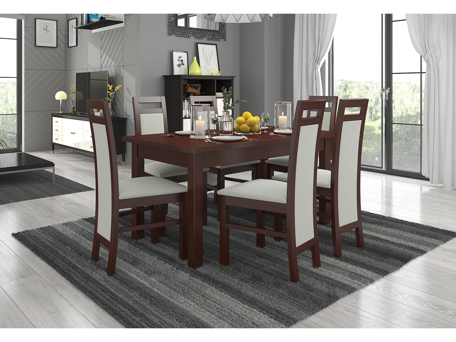 Ensemble table extensible 140-180cm et 6 chaises en bois Noyer foncé et tissu beige clair Mouka