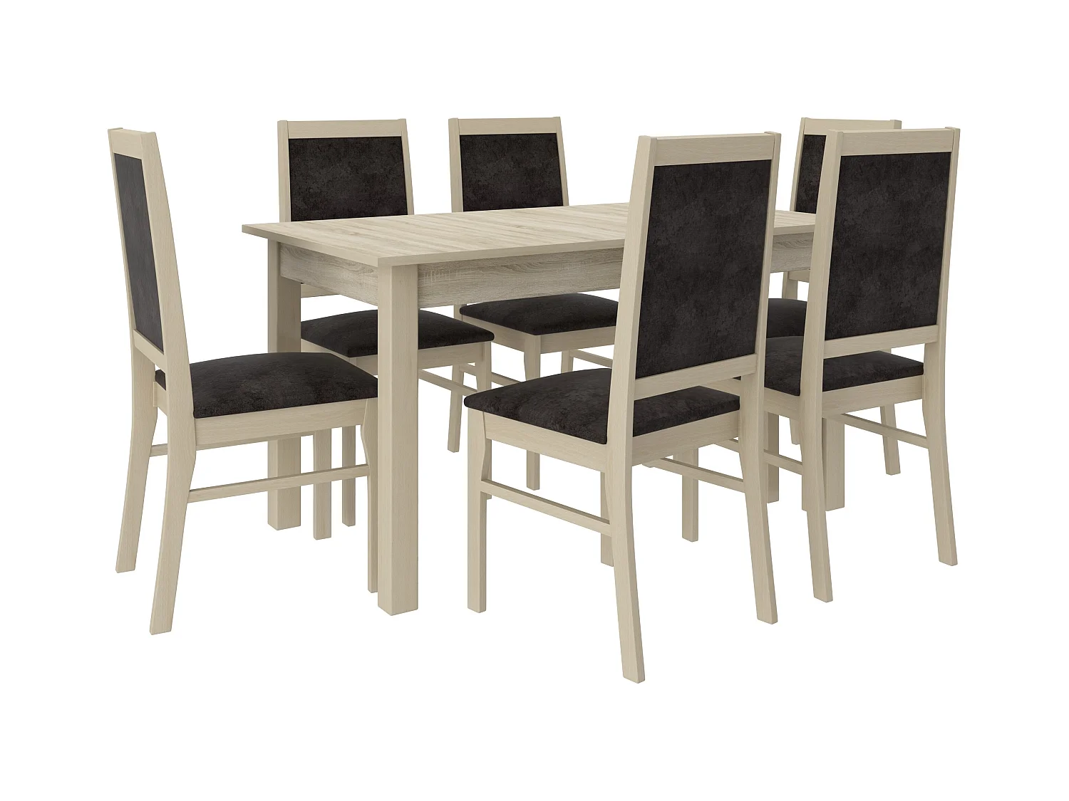 Ensemble table extensible 140-180cm et 6 chaises en bois clair sonoma et tissu gris foncé Klarika