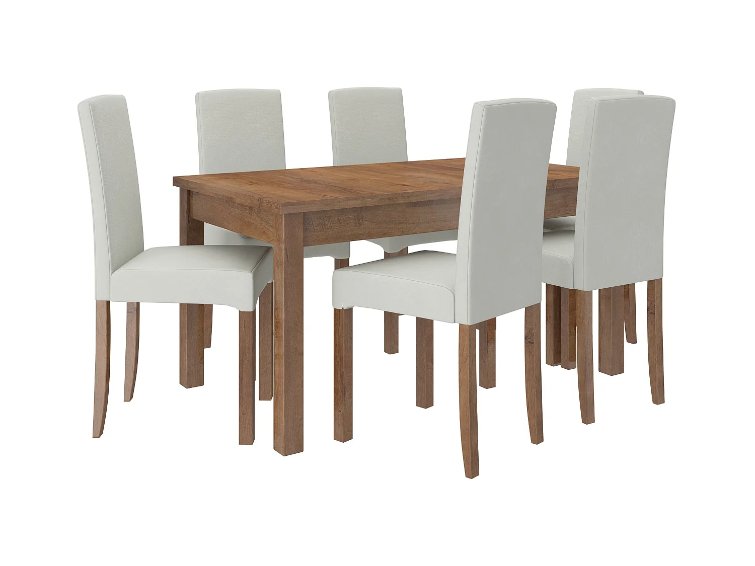 Uitschuifbare tafelset 140/180 cm en 6 stoelen in bruin hout en lichtbeige stof Zakria