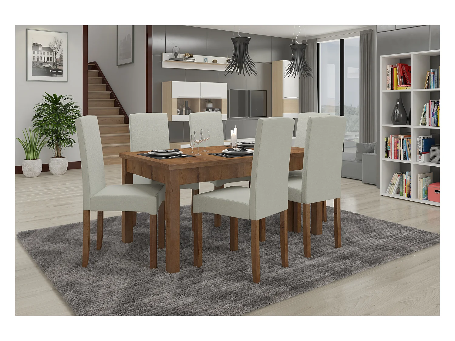 Ensemble table extensible 140-180cm et 6 chaises en bois marron et tissu beige clair Zakria