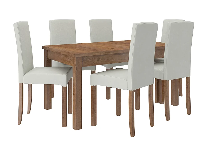 Ensemble table extensible 140-180cm et 6 chaises en bois marron et tissu beige clair Zakria