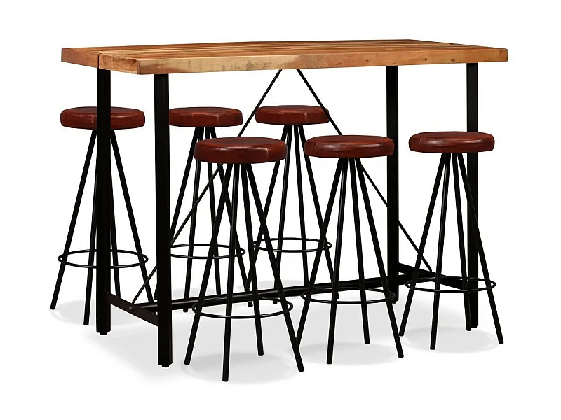 Table de bar bois de Sesham massif et 6 tabourets cuir marron Spani