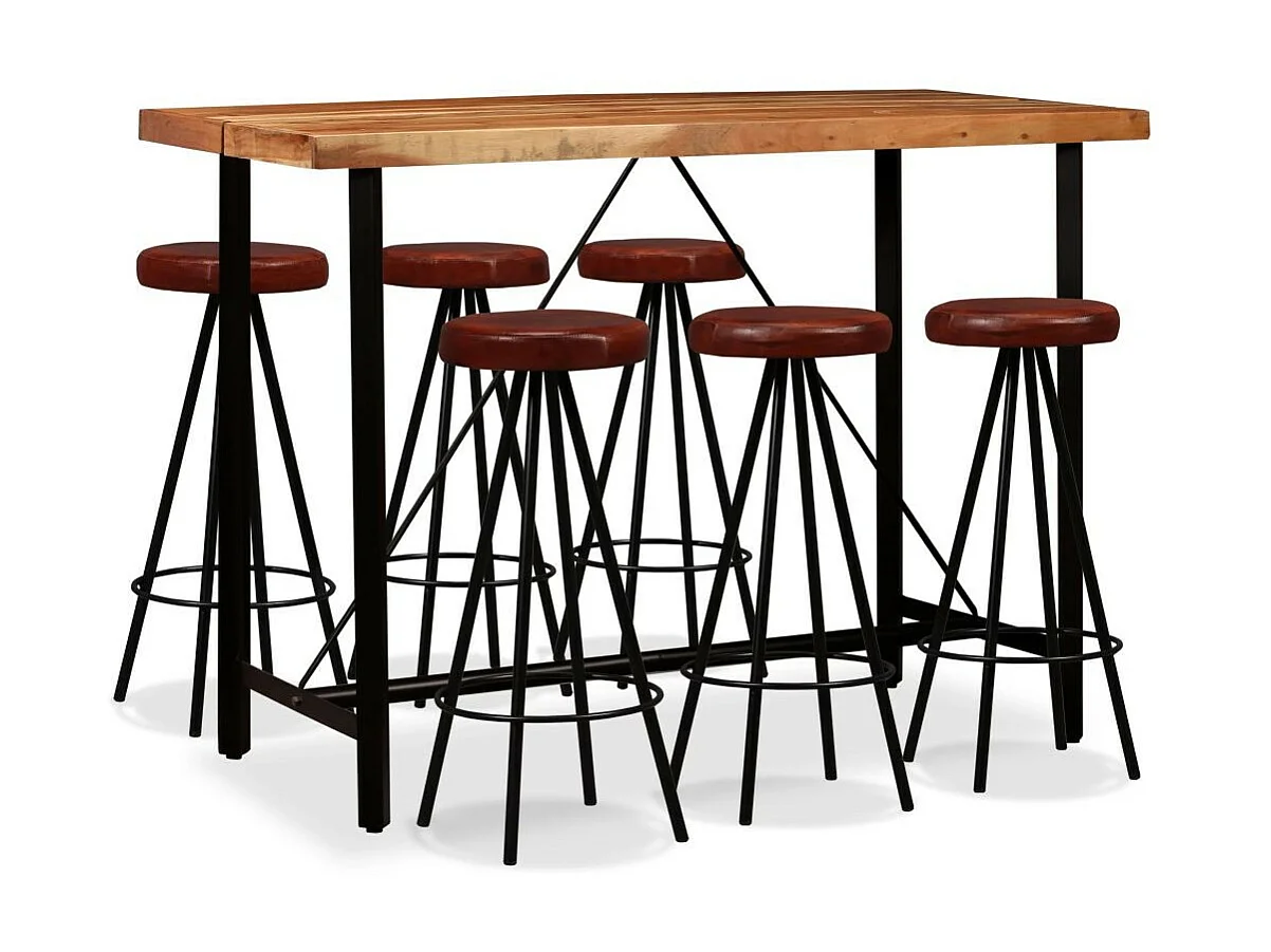 Table de bar bois de Sesham massif et 6 tabourets cuir marron Spani