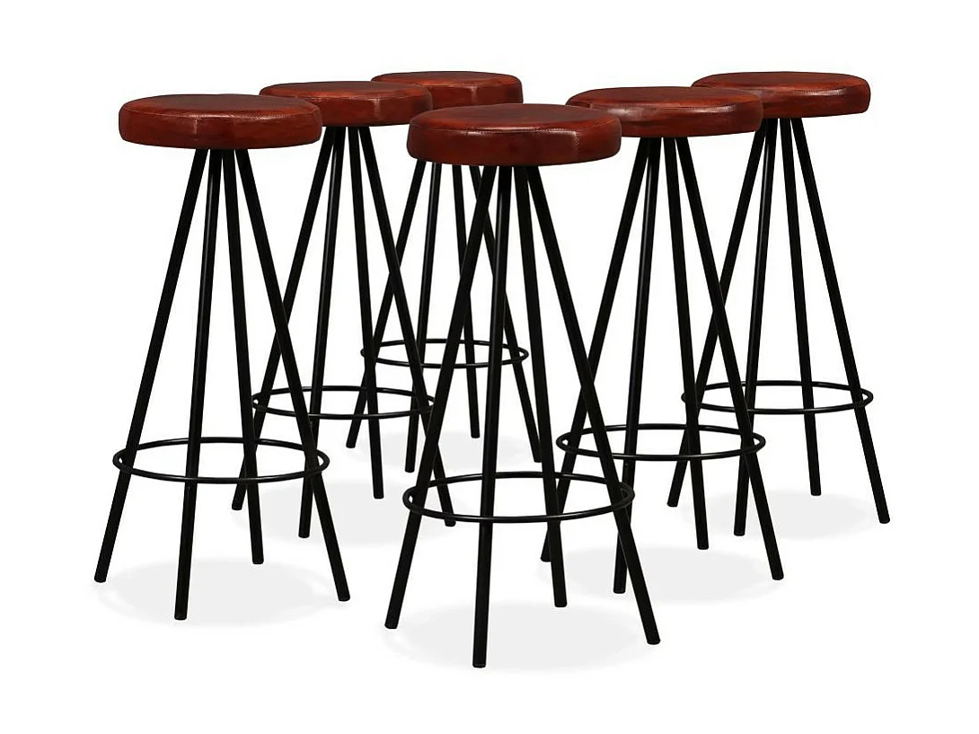 Table de bar bois de Sesham massif et 6 tabourets cuir marron Spani