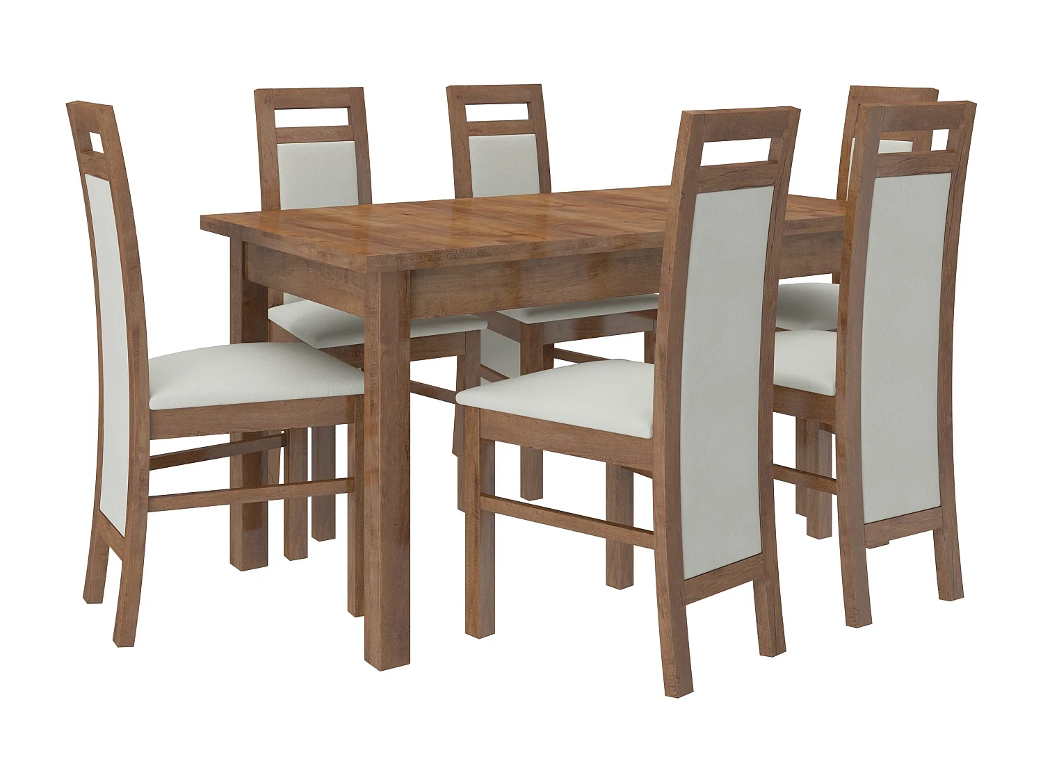 Ensemble table extensible 140-180cm et 6 chaises en bois marron et tissu gris clair Mouka
