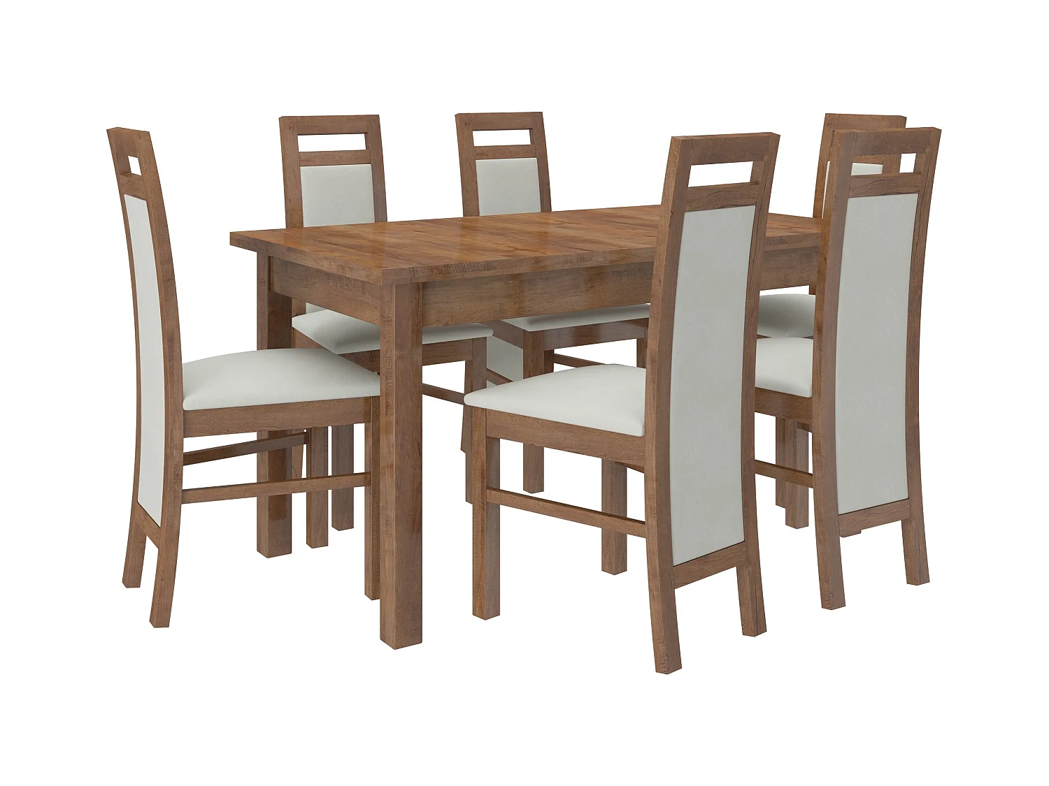 Ensemble table extensible 140-180cm et 6 chaises en bois marron et tissu gris clair Mouka