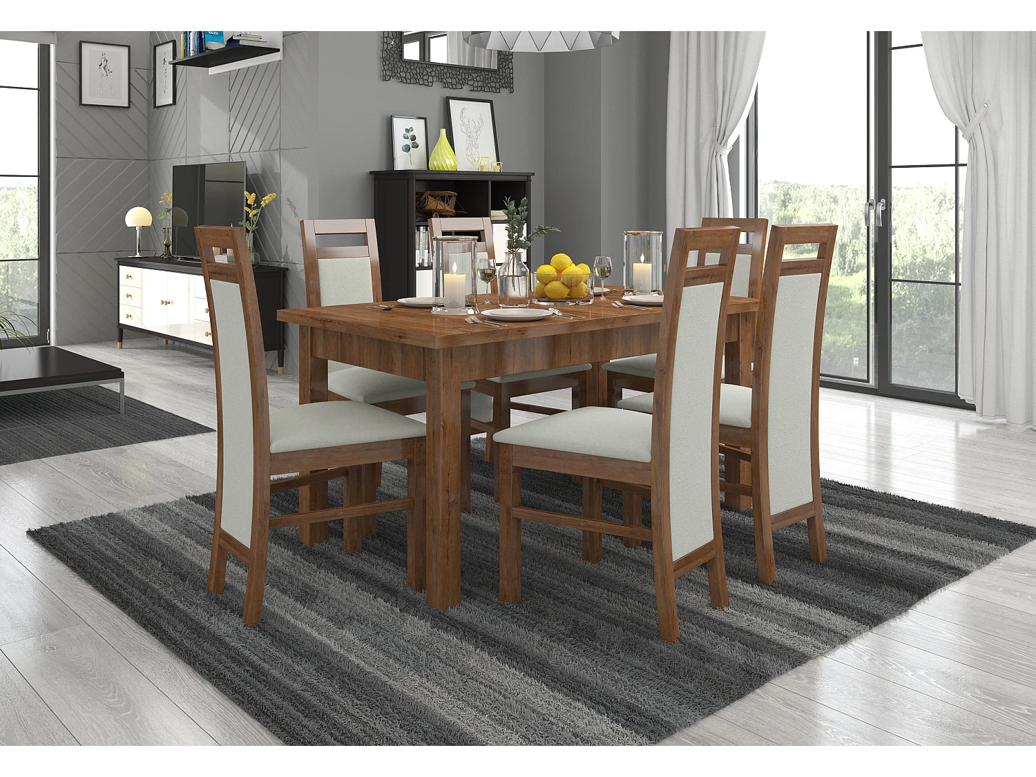 Uitschuifbare tafelset 140/180 cm en 6 stoelen in bruin hout en lichtgrijze stof Mouka