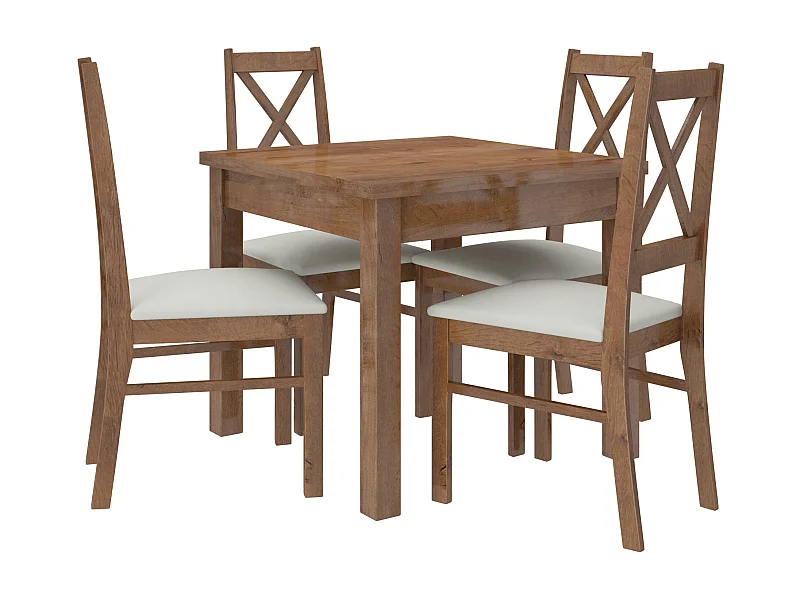 Ensemble table carrée 80-80cm et 4 chaises en bois marron et tissu beige clair Opka
