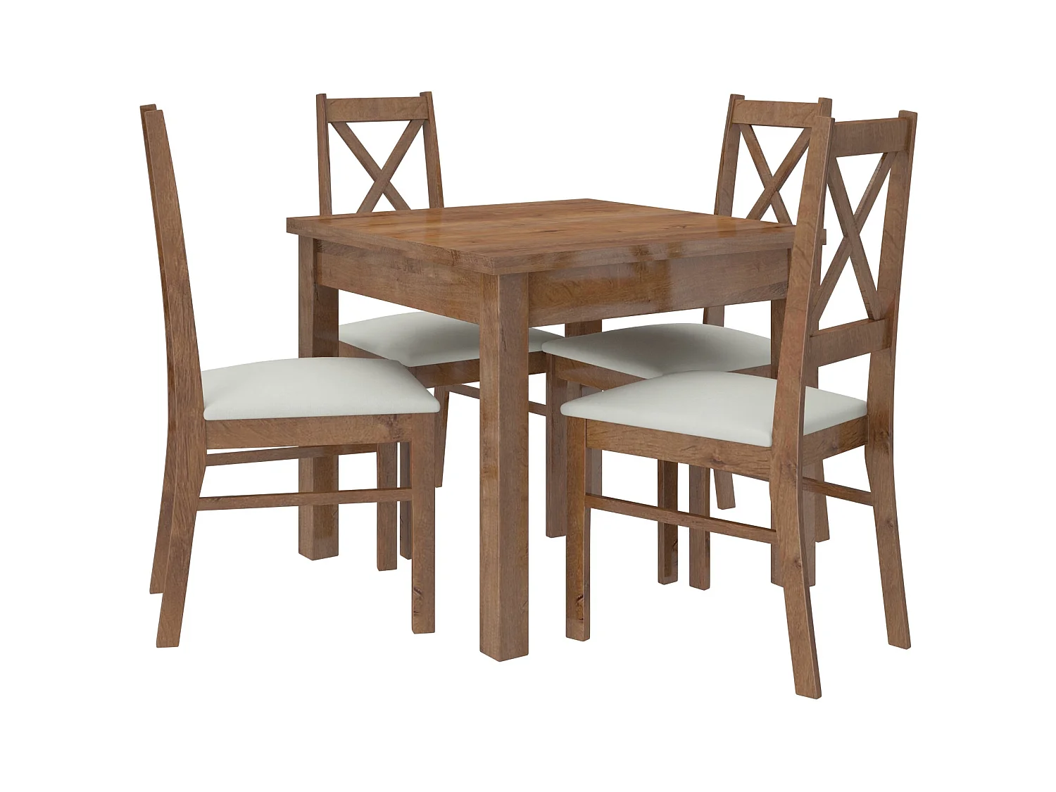 Ensemble table carrée 80-80cm et 4 chaises en bois marron et tissu beige clair Opka