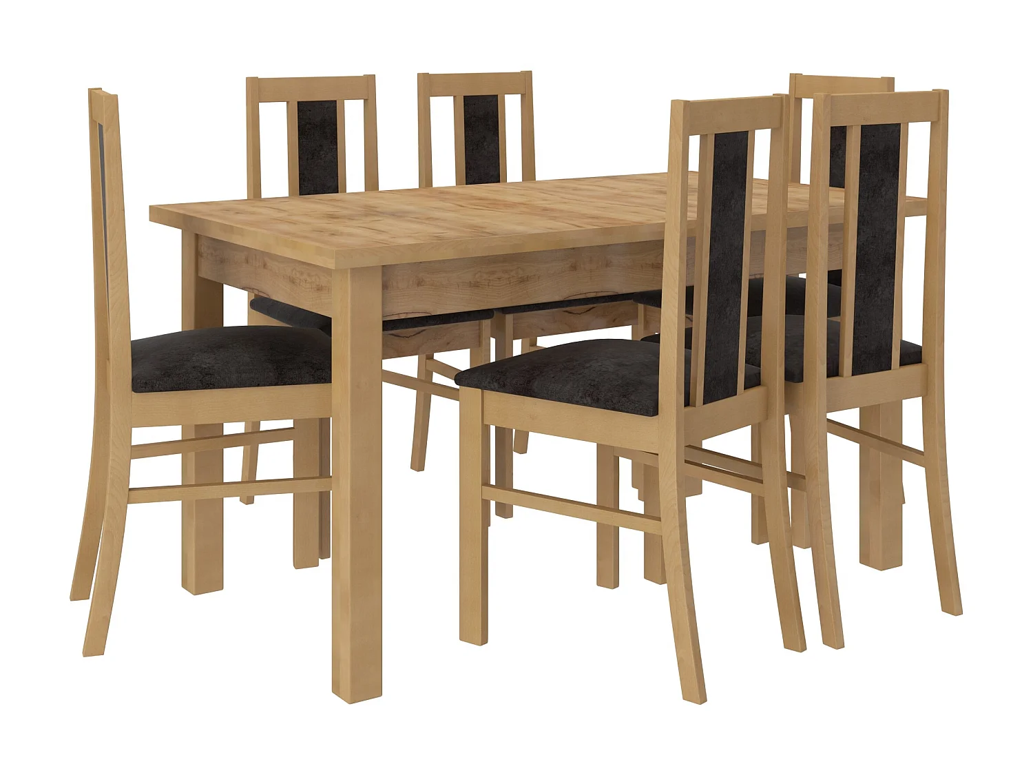 Ensemble table extensible 140-180cm et 6 chaises en bois clair de hêtre et tissu noir Louiza
