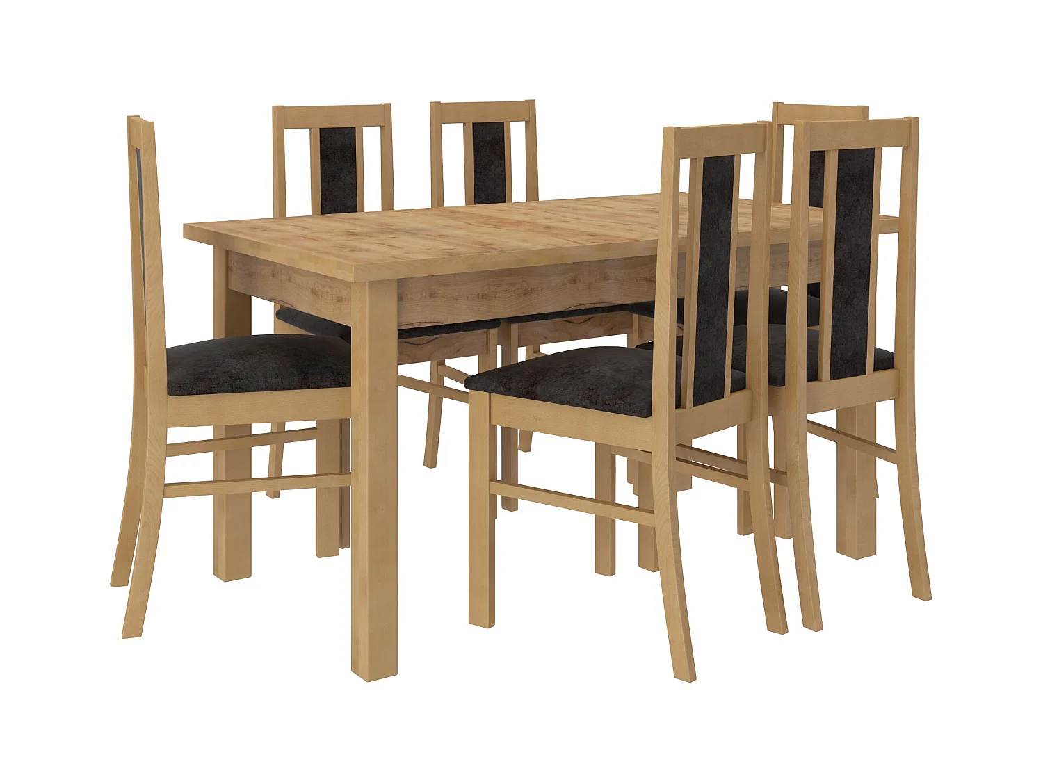 Ensemble table extensible 140-180cm et 6 chaises en bois clair de hêtre et tissu noir Louiza