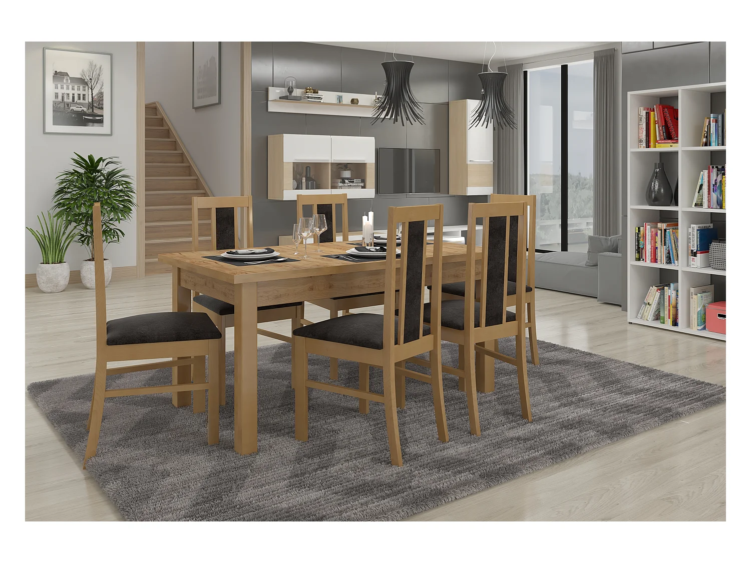 Ensemble table extensible 140-180cm et 6 chaises en bois clair de hêtre et tissu noir Louiza