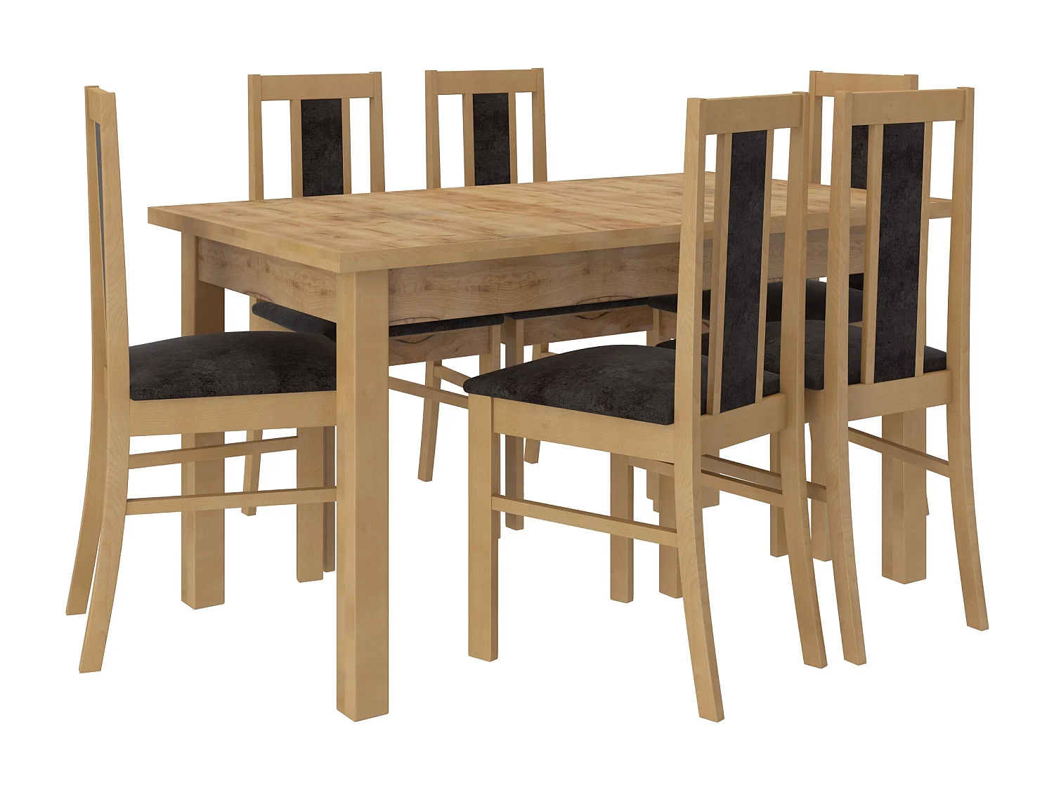 Ensemble table extensible 140-180cm et 6 chaises en bois clair de hêtre et tissu noir Louiza