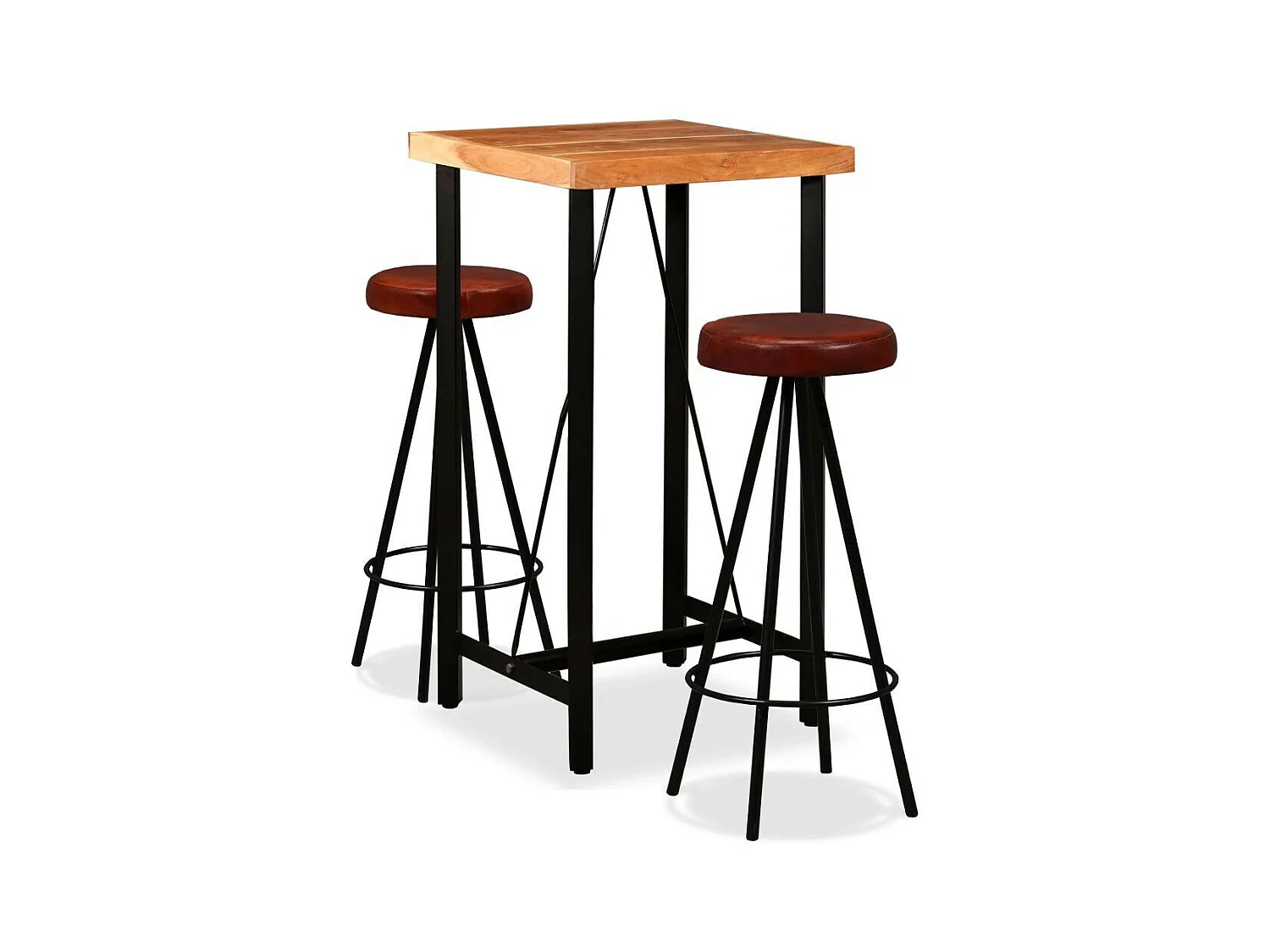 Table de bar bois de Sesham massif et 2 tabourets cuir marron Spani
