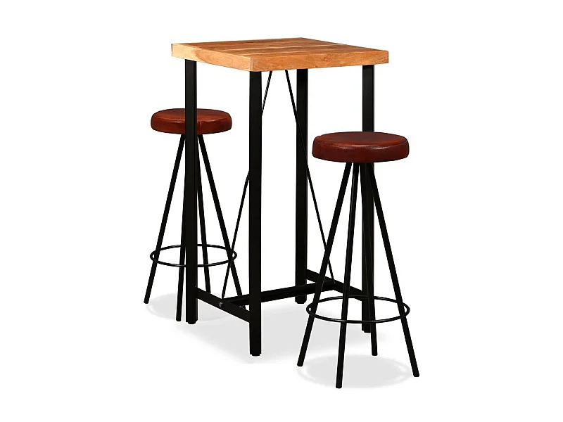Table de bar bois de Sesham massif et 2 tabourets cuir marron Spani